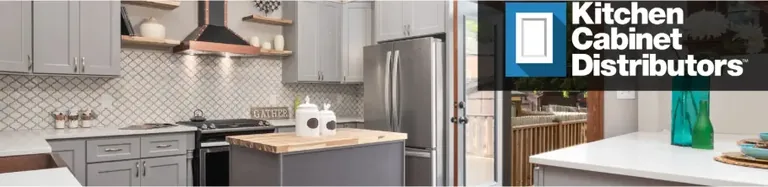 Panoramic view of a St. Louis Cabinet Warehouse showroom kitchen display