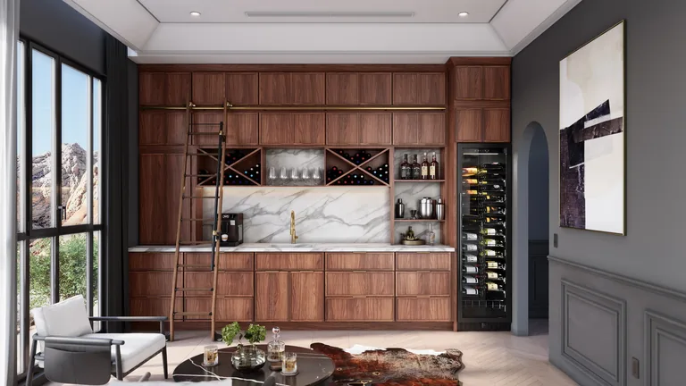 Oslo walnut bar room featuring rich all-walnut cabinetry, floating shelves, and integrated lighting