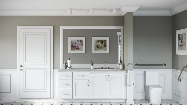 Shaker-style bathroom vanity with classic white cabinetry and timeless finishes