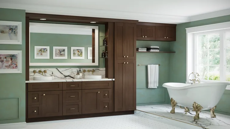 Shaker Kodiak bathroom vanity with warm wood-tone finish and quartz countertop