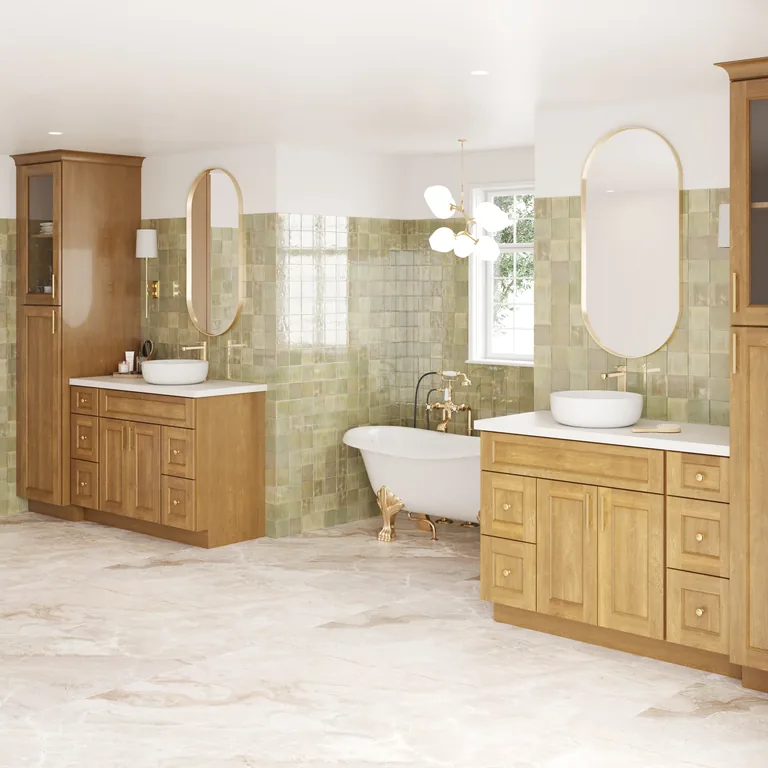 Elegant bathroom with Brooklyn Fawn vanities and freestanding bathtub