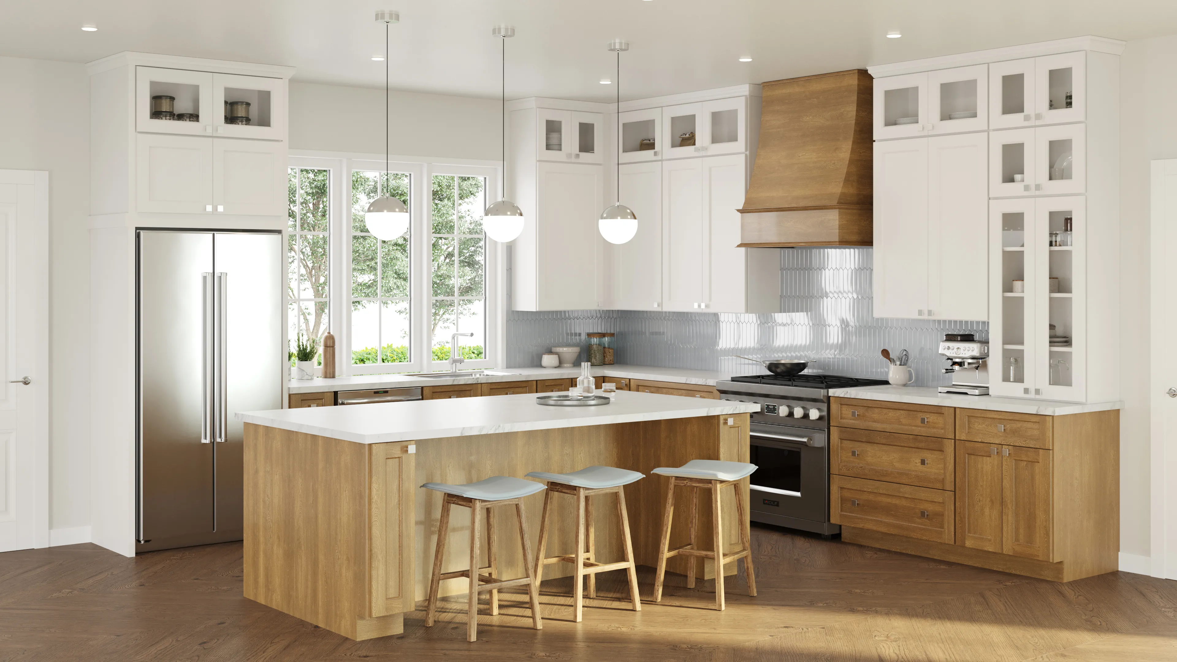Modern kitchen featuring Brooklyn Fawn cabinets with wood hood accent